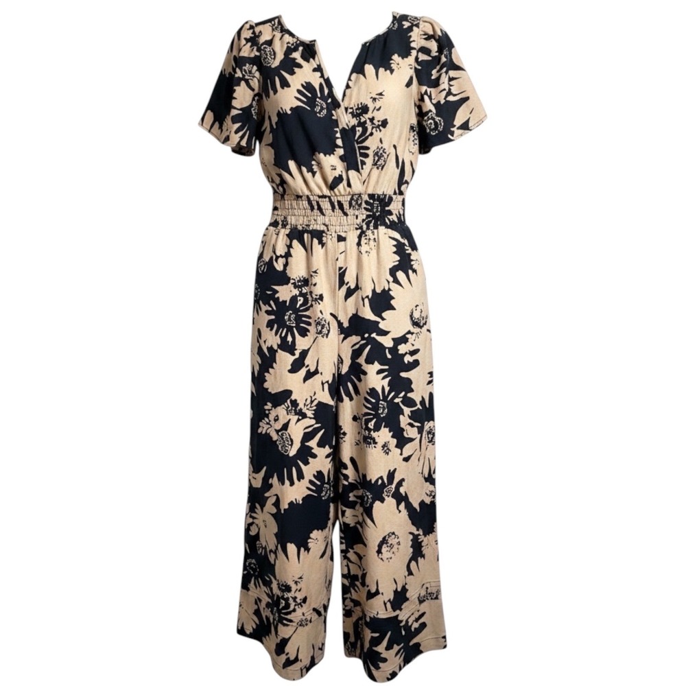 Anthropologie By Anthropologie Floral Wide Leg Jumpsuit XS Black Tan Pockets‎
